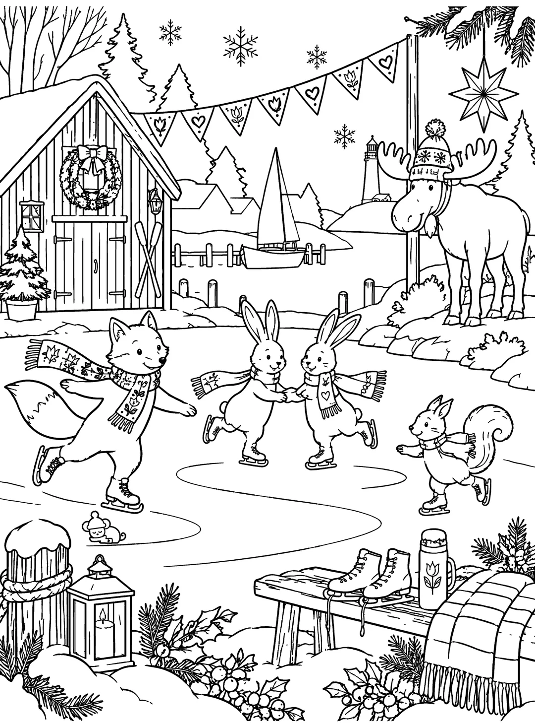 Animal characters skating on a snowy harbor in a real Whimsy Harbor Christmas coloring illustration